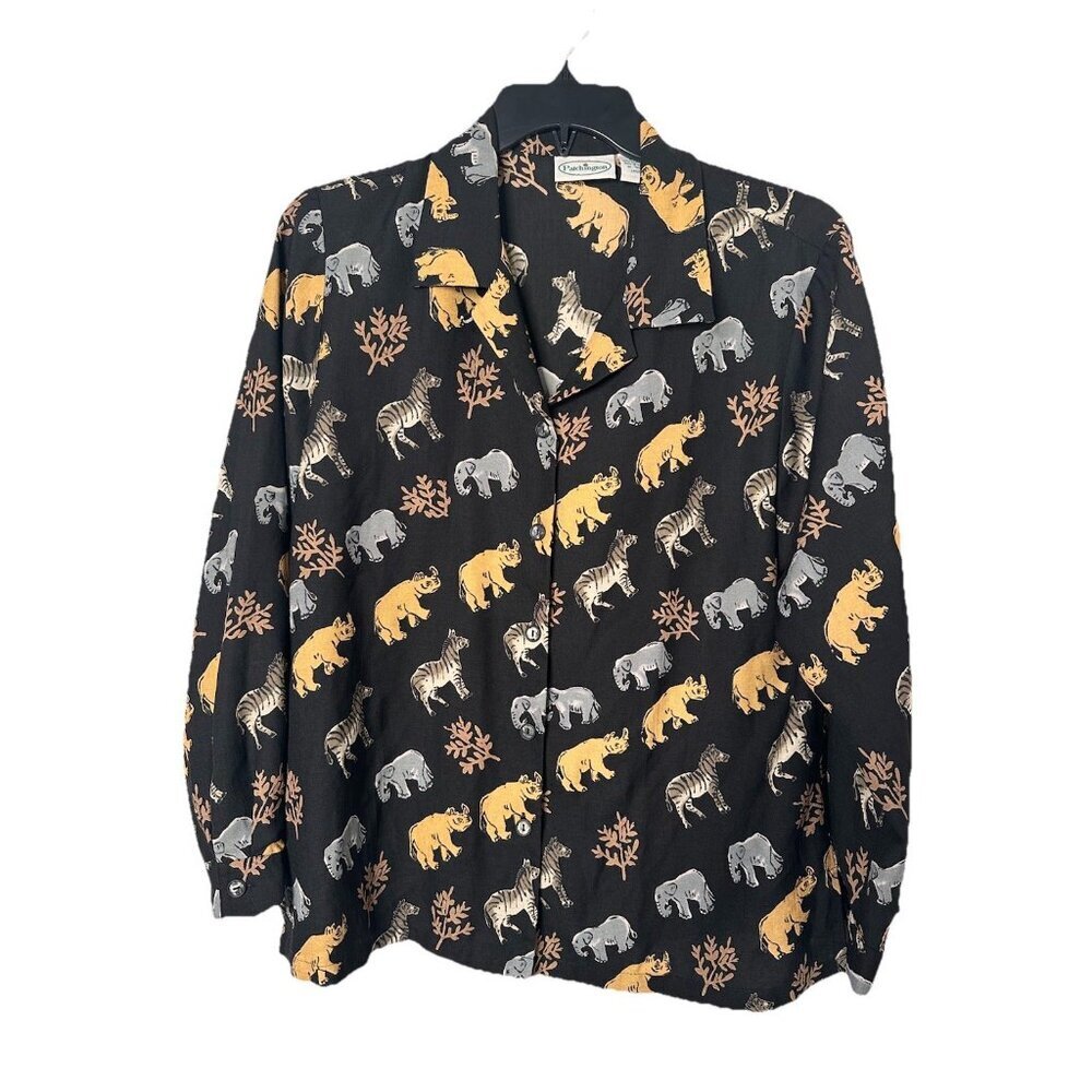 Patchington Vintage Black Animals Novelty Black Print Button Front Blouse Size L